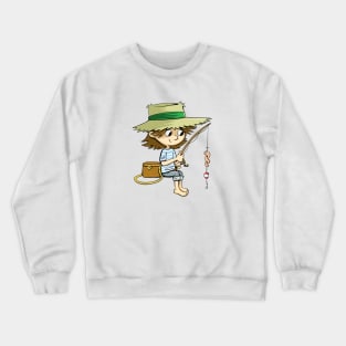 boy with a fishing rod is fishing and worms Crewneck Sweatshirt